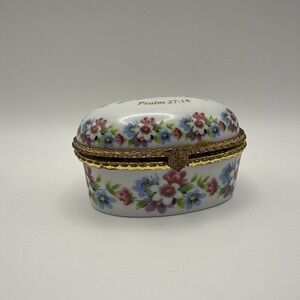 Imperial Porcelain Floral Oval Hinged Trinket Box w/Bible Verse Psalm 27:14